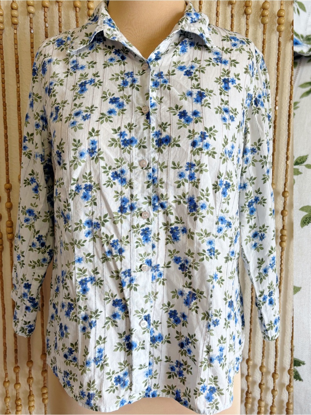 ALC White Blue Country Floral Eyelet Collared Cotton Button Down Blouse Top LG